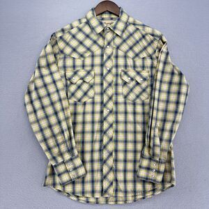 Y2K Wrangler Western Blue Yellow Plaid Pearl Snap Sleeved Shirt Mens Mβ Cowboy